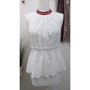 Zara basic (M) Z1975 denim white eyelet lace cotton top